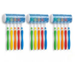 Self-Adhesive Plastic Toothbrush Holder with Cover for Bathroom, 5-Slot Wall Mounted Toothbrush Organizer (Multicolour, Pack of 3)