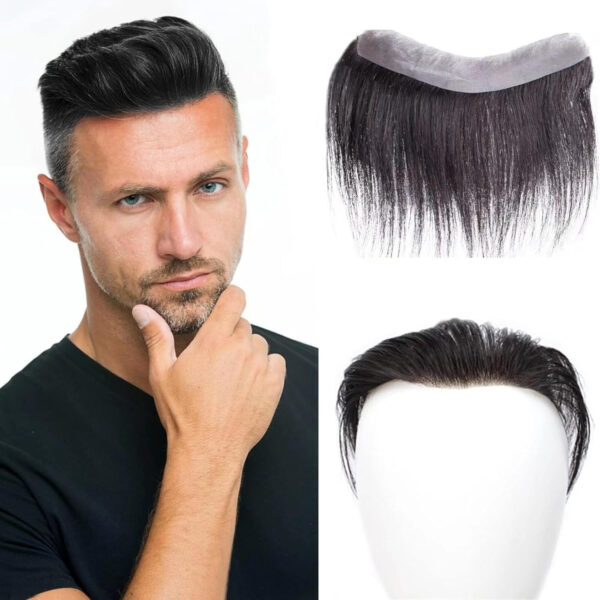 Men Forehead Hairline Toupee Black Human Hair V-Shape Topper Hairpiece PU Thin Skin(Black, 2.5X16cm)